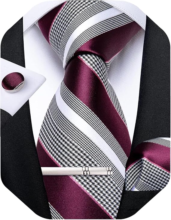 DiBanGu Mens Striped Tie Silk Woven Necktie and Pocket Square Cufflinks Tie Clip Set Wedding Business Formal Gift Tie for Men