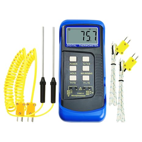 Digital Thermometer Dual Channel K-Type Thermocouple Thermometer 4 Temperature Probes MAX/MIN/AVG & Differential Measurement for Ovens, Kilns, Furnaces, Molten Metal