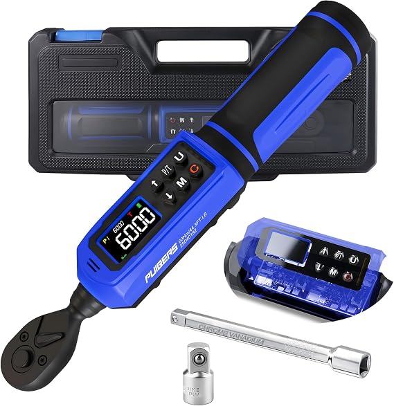 Digital Torque Wrench 3/8" Drive,0.9-60 Nm Electronic Torque Wrench with ±1% Accuracy, 5 Measurement Units, Extension Bar, and 1/4" Adapter for Cars, Motorcycles, and Bicycles. Features Buzzer