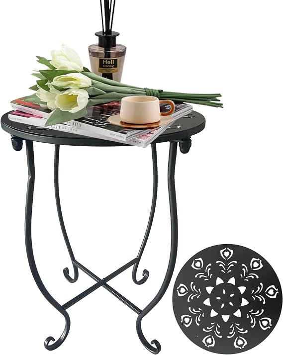 Outdoor Side Table, 14-inch Round Small Outdoor Table with Flower Cut-out Design, Modern Portable Rust-proof Metal Patio Table for Outside Garden Coffee Table & Indoor Use 1 Pack
