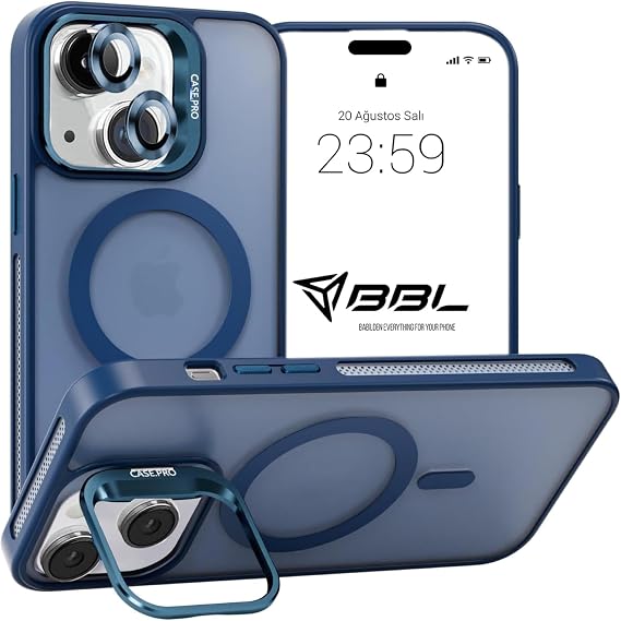 Babilden iPhone için Kılıf Kamera Korumalı Magsafe Wireless Şarj Özellikli Mat Şeffaf Renkli Standlı Kılıf (Lens Hediyeli) (Lacivert, iPhone 15)