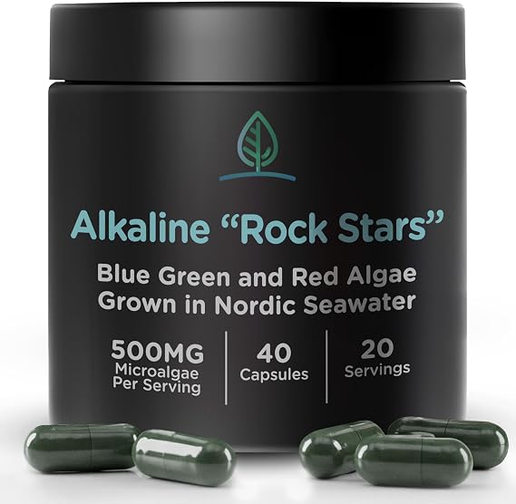 Alkaline Rock Stars Blue Green & Red Algae Supplement - 500mg | Pure Marine Phytoplankton Plus Astaxanthin | Rich in Antioxidants, Chlorophyll, Vegan Omega 3's | 30 Day Supply (40 Capsules)