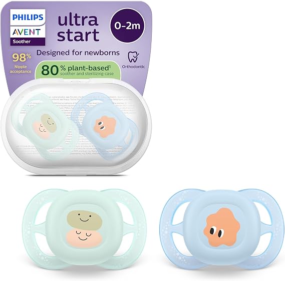 Philips Avent Ultra Start Soother - Orthodontic Design, for Newborns, Soft Silicone Symmetrical Teat, BPA-Free, with Sterilizing Case, 2 Pack, SCF075/14