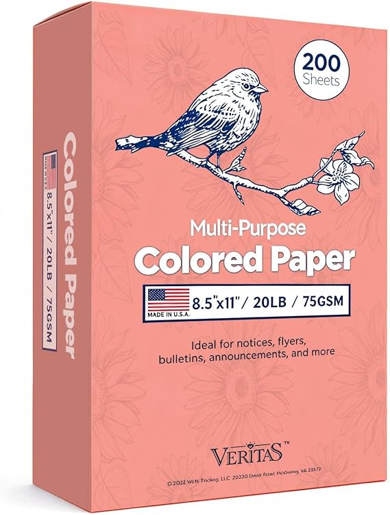 WritePads Veritas Colored Copy Paper, Multi-Purpose paper, Colored Printer Paper 8.5 x 11, 20 lb / 75 GSM,Salmon,200 Sheets (1 Reams),Made in USA