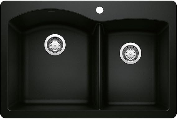BLANCO Diamond Silgranit 60/40 Double Bowl Undermount or Drop-In Kitchen Sink, 33x22x9.5, Coal Black