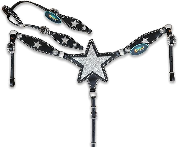 Western Horse Black Headstall & Breast Collar Set - Sparkle Star Design with Silver Studs, Clear Berry Conchos & Star Center - Premium Leather Tack for Horses