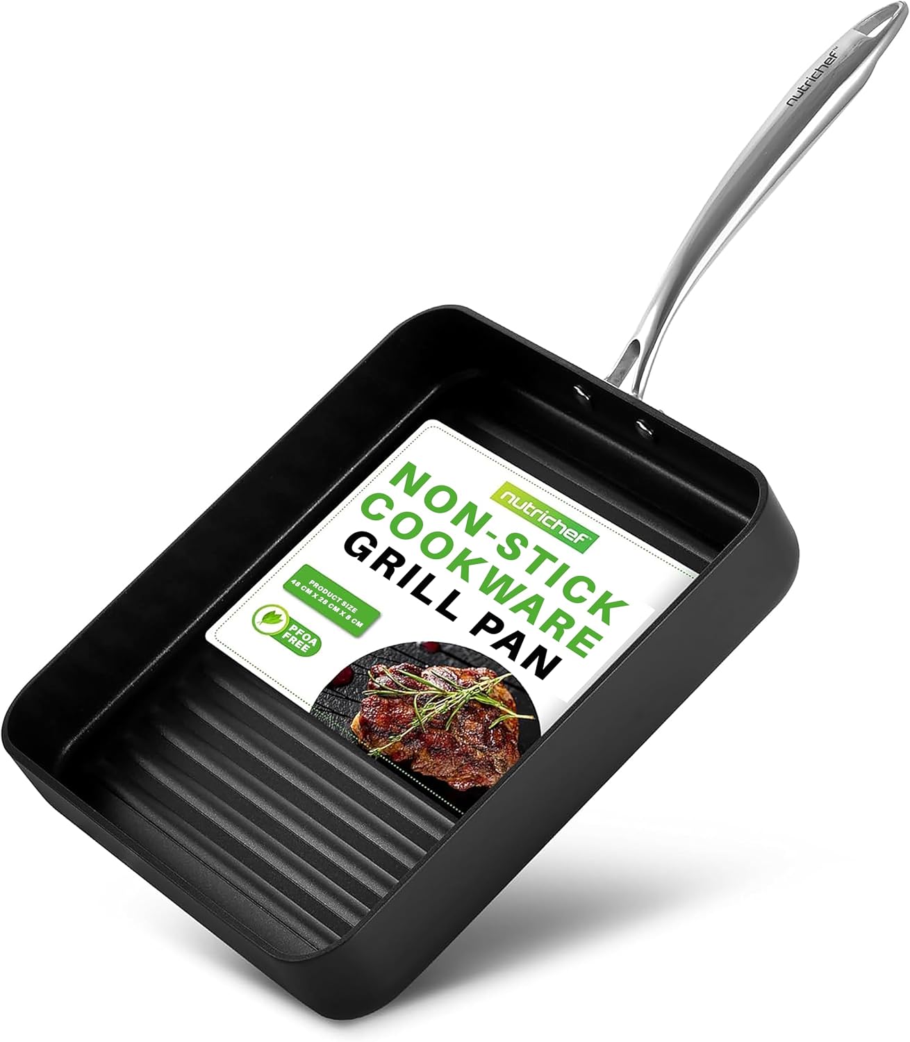 NutriChef Grill Pan Nonstick, Stainless-Steel Griddle 48 x 28cm, High Ridges, Strong Handle, For Gas and Electric Cooking and Grilling Non-Induction