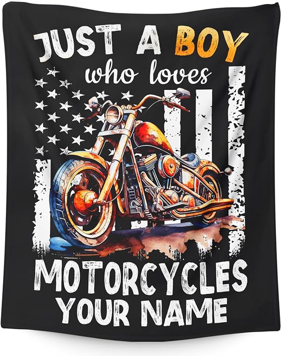 Personalized Motorcycle Gifts for Boys Men, 40x50 Inches Cool Throw Blanket for Kids Teens Motorbike Lovers Motorcycle Riders, Custom Black Soft Blankets for Couch Sofa Bed Travel