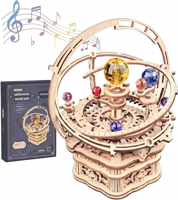ROKR 3D Wooden Puzzles for Adults Mechanical Music Box-Starry Night, DIY Rotating Music Box Model Building Kits for Teens, DIY Crafts/Hobbies/Gifts Desk Decor for Boys Ages 14+ (Starry Night)