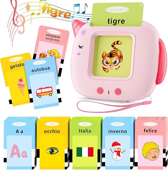 Talking Flash Cards, 420 Words Early Educational Toy, Preschool Learning Machine with English for 2-6 Year Old kids, Montessori Toys for Toddlers, Interactive Gift for Boys Girls (Italy-Pink)