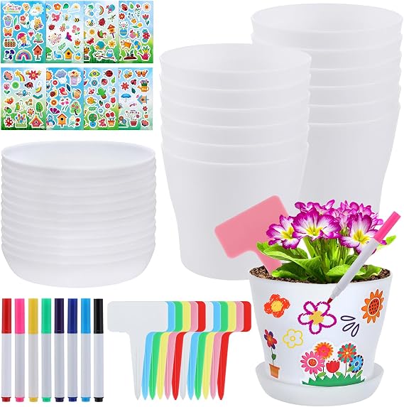 Cosweet 12 Set Paintable Flower Pot Craft Kit - with Watercolor Pens, Plant Labels, and Stickers DIY Gardening Gift for Kids, Fun Activity for Boys and Girls