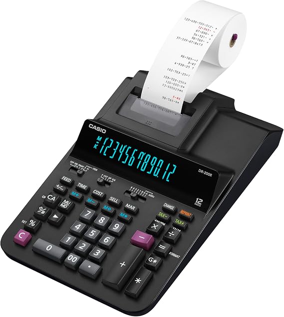 Casio DR-200R-BK Printing Calculator, 2-Color, 12-Digit, Black