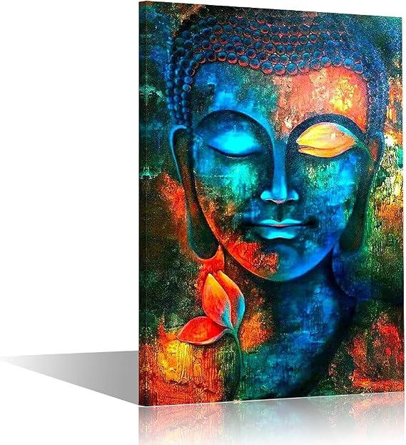 Buddha Head Wall Decor Indigo Blue Buddha Prints on Canvas Decorations for Living Room Office Wall Decor Buddha Wall Art Easy Hanging with Frame (12"x8"x1 Panel)