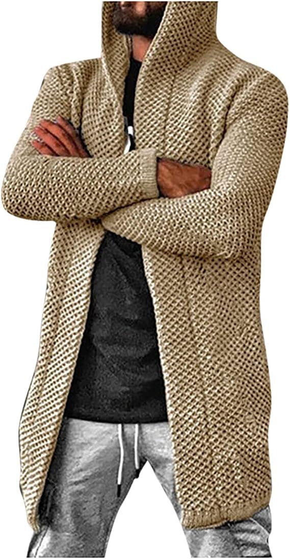Ymosrh Men's Sweaters Fashion Long Cardigan Sweater Casual Open Front Knit Sweater with Hood Cardigan Sweaters, XL-5XL