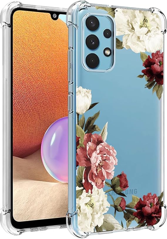 Phone Case for Galaxy A32 4G Case, Samsung A32 4G SM-A325F Case girls women, Slim Shockproof Clear Floral Pattern Soft Flexible TPU Protective Cover for Samsung Galaxy A32 4G (Blossom Flower)