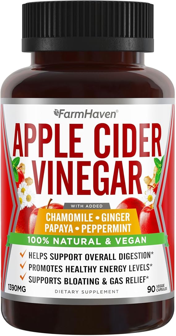 Apple Cider Vinegar Capsules 1390mg with Ginger, Papaya & Chamomile, 90 Ct
