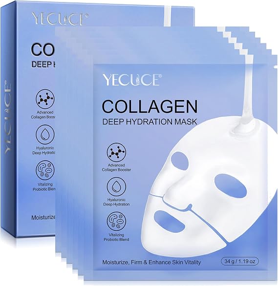 Collagen Face Mask with Vitalizing Probiotic, 6 EA Real Deep Hydrating Overnight Face Mask Glass Glow, Facial Wrinkle Lifting Sheet Masks, Korean Skin Care for Women