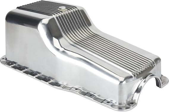 Speedway Motors 289-302 Polished Finned Aluminum Oil Pan, Front Sump Design With 8.5 Max Depth, 5 Quart Capacity, fits 1962-1987 SBF, Includes Drain Plug & Hardware