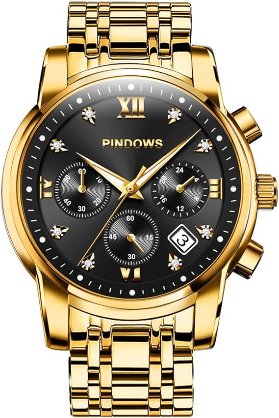PINDOWS Mens Watches Retro Two Tone Stainless Steel Luxury Quartz Date