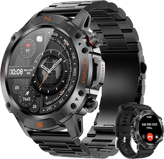 WalkerFit Rugged Smart Watch for Men, 1.43" AMOLED 5ATM Waterproof, 2 Bands