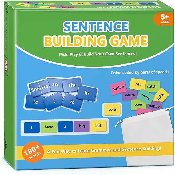Sentence Building Game for Kids Ages 5-8 120+ Color-Coded Word Tiles, 20 Sentence Builder Tiles | Educational Learning Toys, Reading & Grammar Activity | Gifts for Boys and Girls