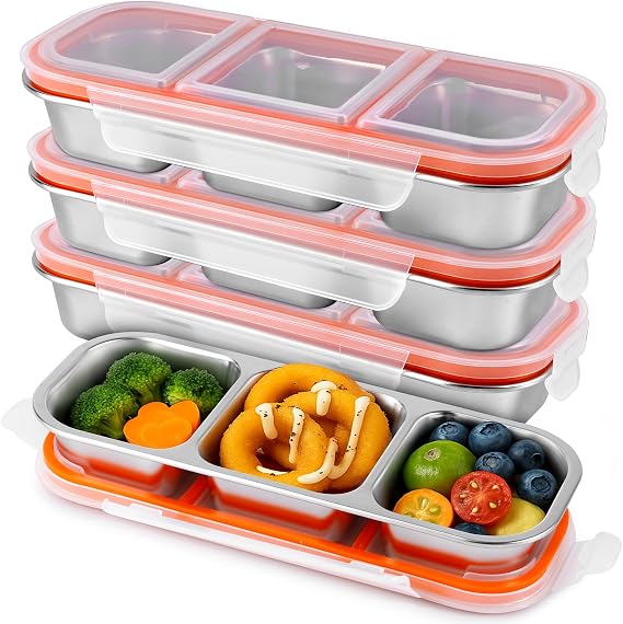 3 Pack Stainless Steel Snack Containers with Lids, 3 Compartment