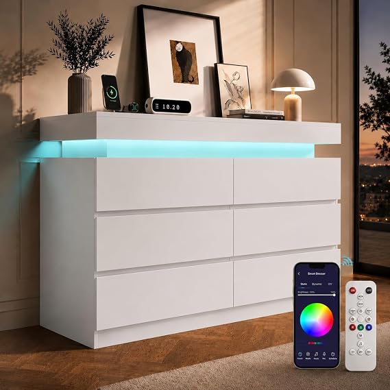 6 Drawer Dresser with LED Lights & Charging Station, Modern Floating Black Dresser for Bedroom, Smart Storage Chest with 2 AC Outlets & USB Ports for Living Room, Closet, Entryway (White)