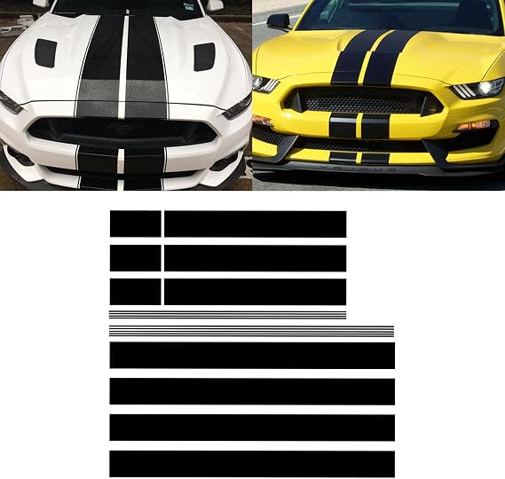 x xotic tech Glossy Black w/Black Vinyl Racing Stripe Car Hood Graphics Decal Sticker for Hood Roof Rear Trunk Decoration Compatible with Ford Mustang 2015-up
