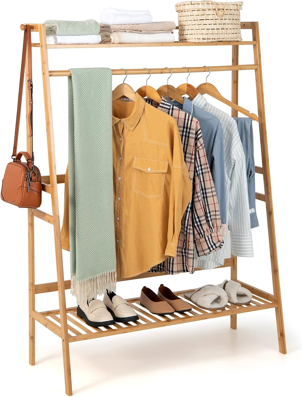 Giantex 3 Tier Bamboo Clothing Rack with Shelves, Heavy Duty Freestanding Clothes Organizer Rack with Coat Hooks, Anti-toppling Device, Cloth Hanger Standing Garment Racks for for Hanging Clothes