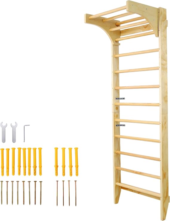 Wooden Swedish Ladder Wall Set with Adjustable Pull-Up Bar, Stall Bars Gym
