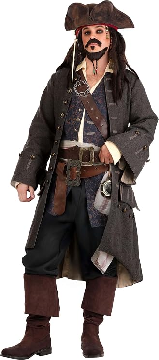 Disney Pirates of the Caribbean Jack Sparrow Men's Costume with Hat, Compass, Beard - Officially Licensed