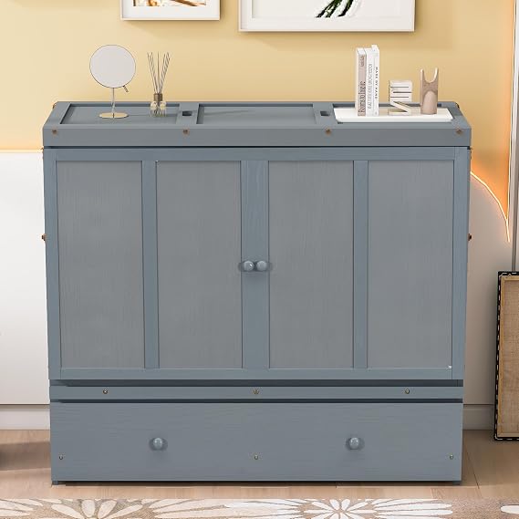 Harper & Bright Designs Full Size Murphy Bed, Wooden Full Murphy Bed Frame with USB Port and a Large Drawer, Gray