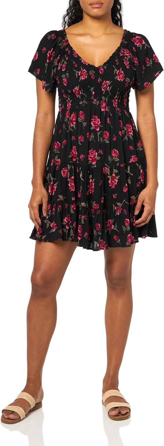 Angie Women's Angie Women's Short Sleeve Floral Smocked Bodice Dress
