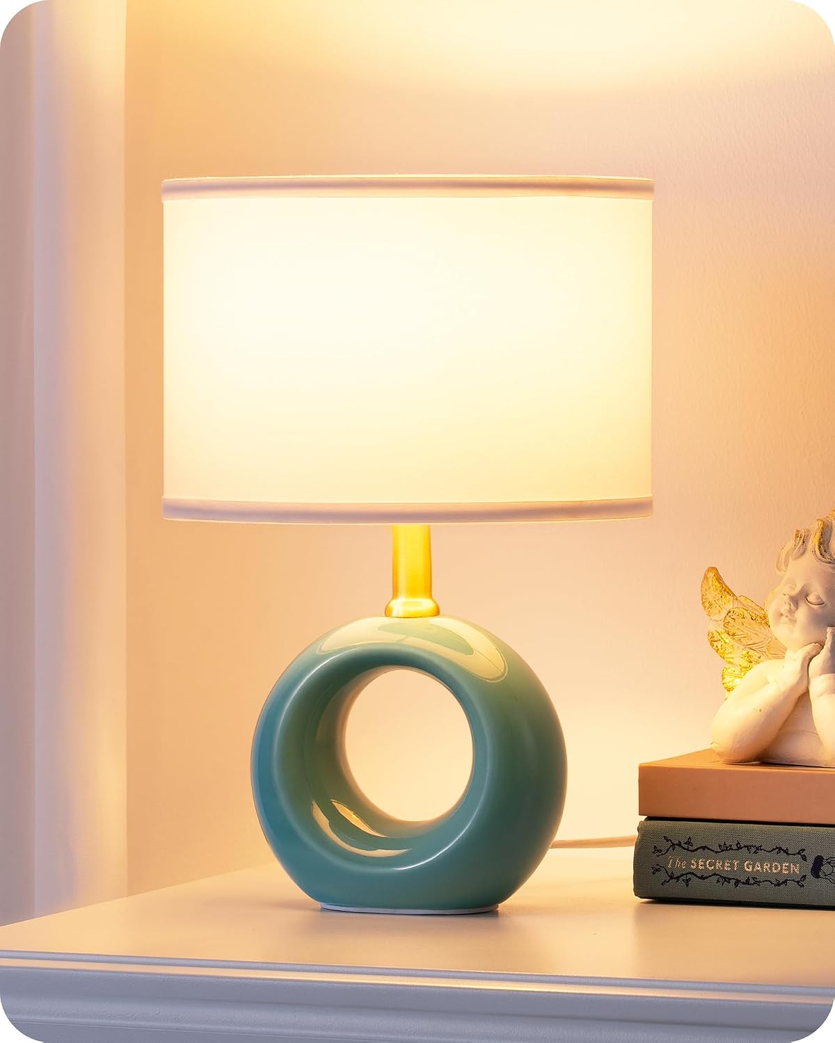 EDISHINE Ceramic Table Lamp, Elegant &amp; Modern Desk Lamp for Bedside, E14 Bulb Included, Fabric Lampshade for Bedroom, Living Room, Decoration, Blue [Energy Class E]
