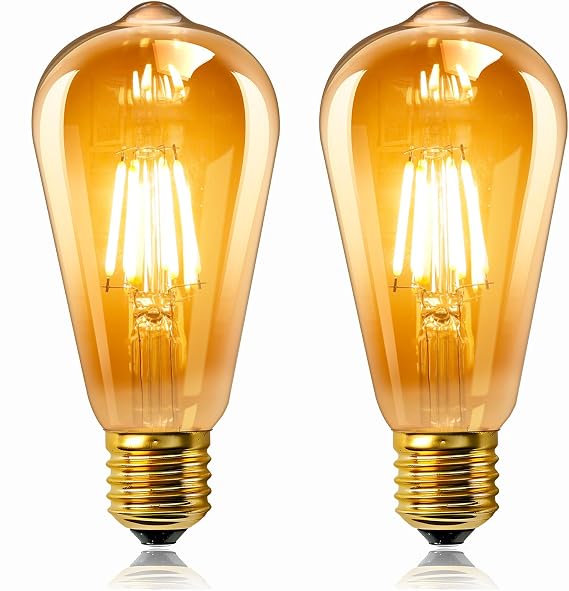 Vintage Edison Bulbs E27 LED 6W (Equivalent to 60W), ST64 LED Filament, Amber Warm White 2200K, 600LM, AC 220V-240V, Non-Dimmable, Decoration Lighting for Home, Cafes, Bars, 2 Pieces [Energy Class E]
