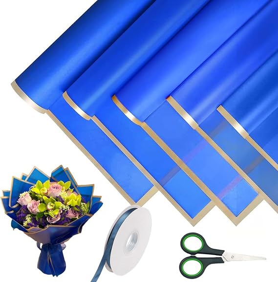 Flower Wrapping Paper, 20 Sheet Bouquet Wrapping Paper, 58cm Double Sided Bouquet Wrap Kit for Gifts Flowers and Crafts with Ribbon and Scissors for Gift Wrap DIY Arts Crafts(Blue)