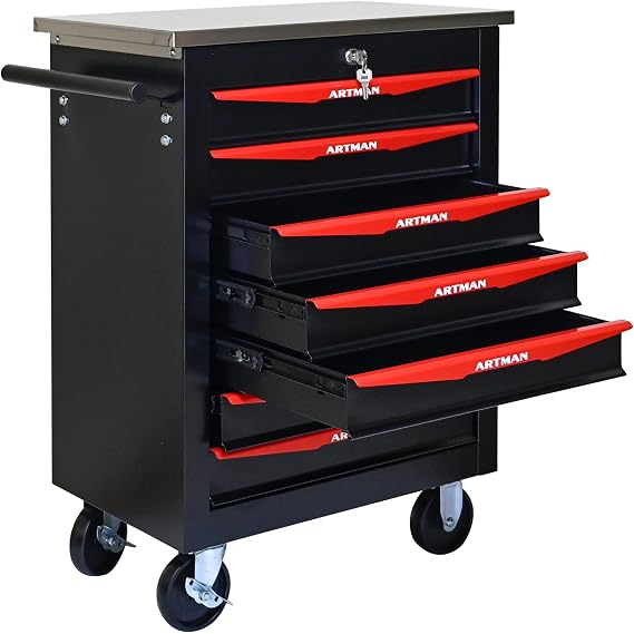 7-Drawer Heavy-Duty Rolling Steel Tool Cart with Handle&Wheels, Metal Storage Organizer Cabinet, Tool Chest for Efficient Tool Storage in Garage, Warehouse, Workshop, Repair Shop, Black&RED