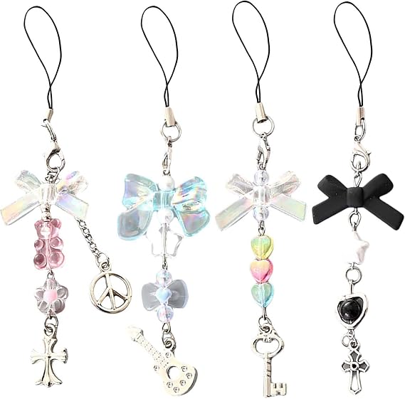 4PCS Beaded Phone Charm Keychain - Short Phone Chain Pendant with Star & Butterfly Beads, Heart Beads Phone Strap, Camera Strap, and Bag Keychain Accessory for Christmas csk-4578