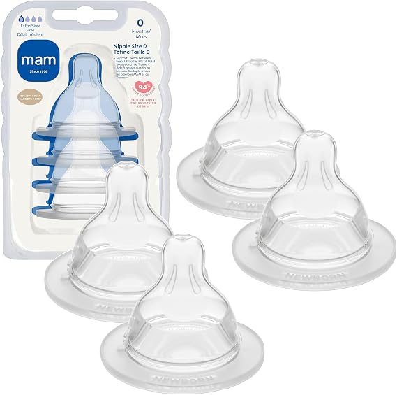 MAM Bottle Nipples Extra Slow Flow Nipple Size 0, for Newborn Babies and Older, SkinSoft Silicone Nipples for Baby Bottles, Fits All MAM Bottles, 4 Pack