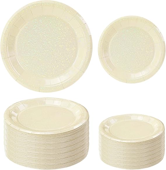 50 Pcs Iridescent Ivory Paper Plates 25 7'' and 25 9'' Disposable Ivory Shiny Holographic Foil Dinner Plates for Wedding Baby Shower Birthday Disco Party Glitter Dessert Plate
