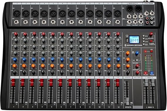 DJ Controller, Professional Audio Mixer 12 Channel Studio Audio Console USB MP3 Input 48V Phantom Power DJ Console