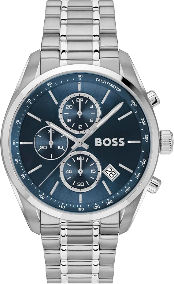 BOSS Chronograph Quartz Watch with Calendar for Men Grand Prix 44 Collection with Stainless Steel Bracelet or Leather Strap