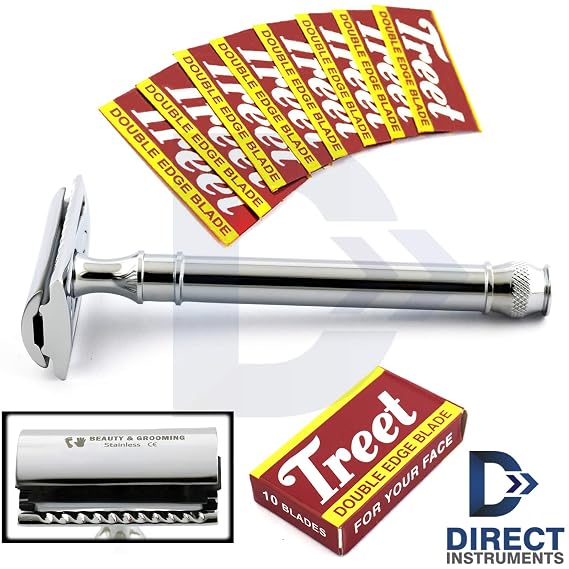 Double Edge Safety Razor Chrome Clean-Shave Classic Shaving Men Grooming Kit + Blades