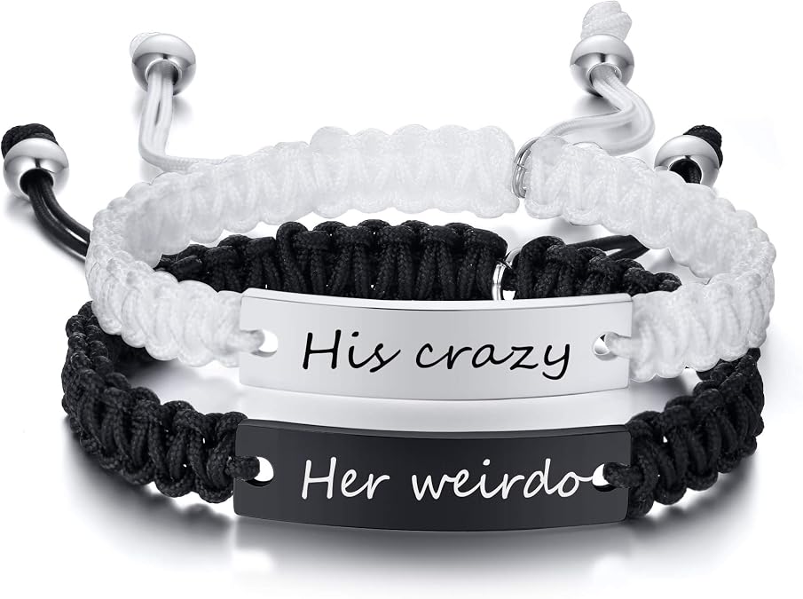 Matching Bracelets for Him and Her - Long Distance Couple Bracelet,Hypoallergenic Stainless Steel Engraved Relationship Bracelet,Trendy Adjustable Couples Jewelry,Christmas Birthday Gifts for Couple