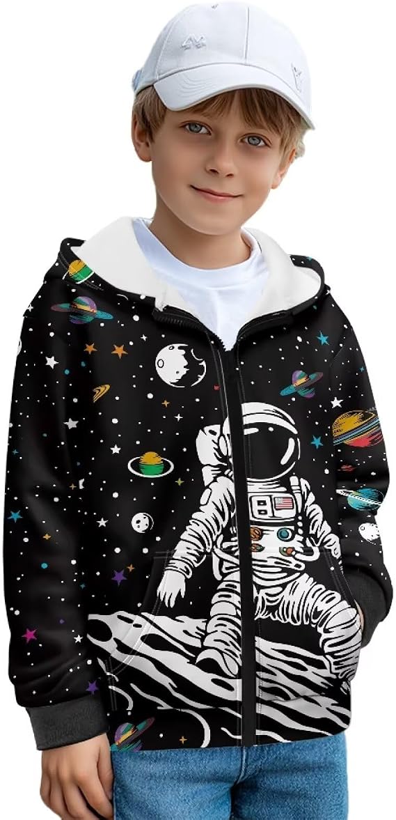Boys Fleece Jacket Full Zip Up Thermal Lined Hooded Jacket for Kids 5-12 with Pockets Fall Soft Polar Fleece Coat