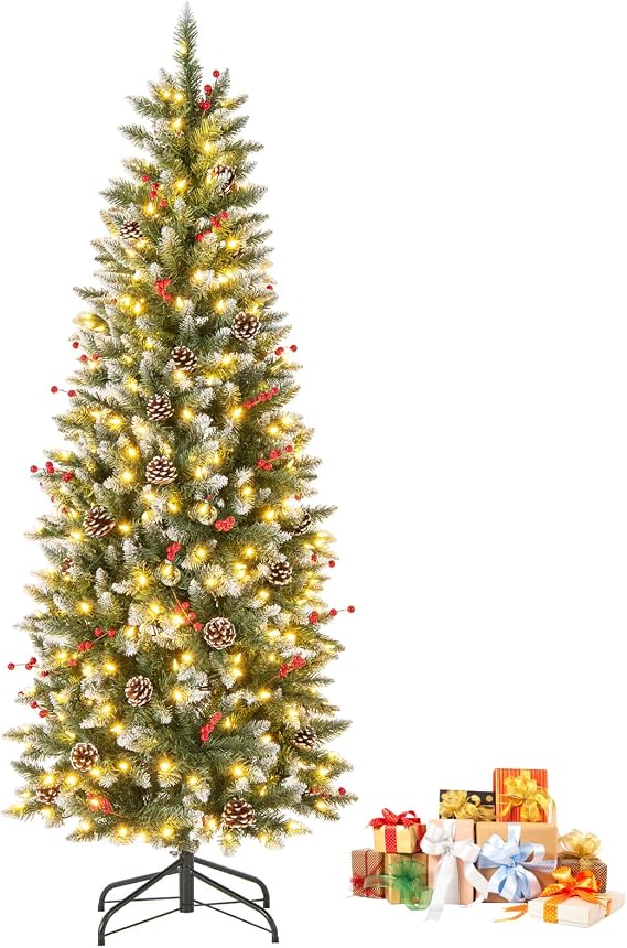 COSTWAY 6FT Pre-Lit Artificial Christmas Tree, Slim Pencil Xmas Tree with 618 Snowy Branch Tips, 280 Warm-White LED Lights and Metal Stand, Indoor Festive Holiday Party Decor