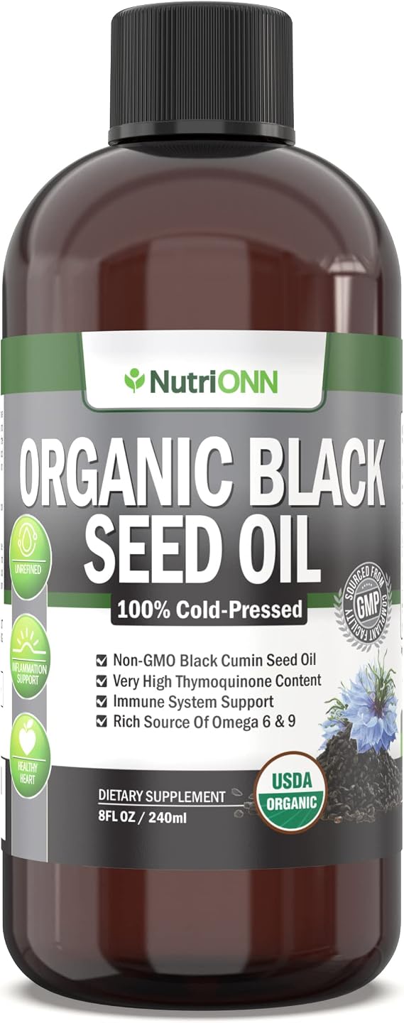 Organic Black Seed Oil - USDA Certified Organic Black Cumin Seed Oil Liquid High Thymoquinone Content Non-GMO and Cold-Pressed Rich Source of Omega-6 & Omega-9 Fatty Acids - 8 Oz
