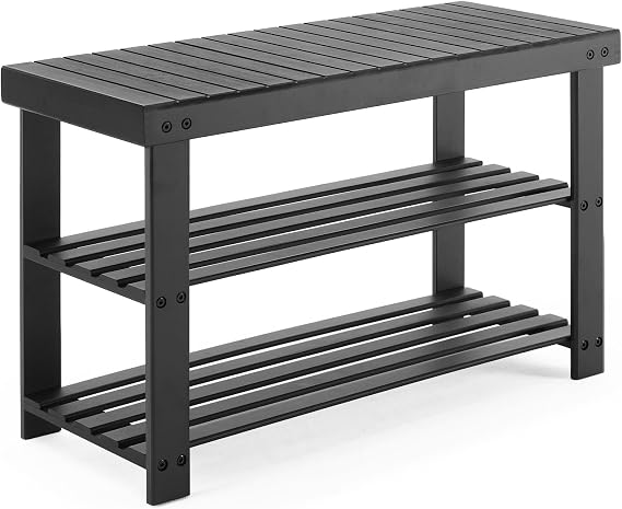 Sweetcrispy 3-Tier Shoe Rack Bench, Bamboo Entryway Storage Organizer, Shoes Stand for FrontDoor Entrance, Bedroom, Living Room, 286lb Capacity, 11.3 x 27.6 x 17.8 Inches, Pitch-Black