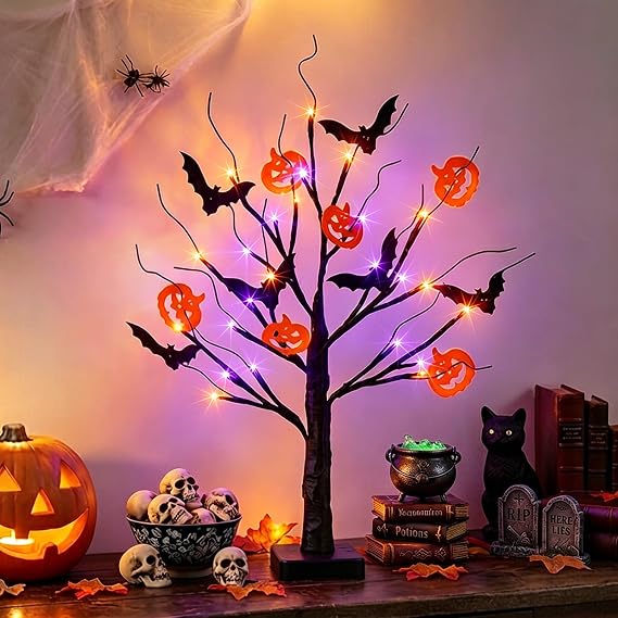 Vanthylit Halloween Decorations, Halloween Tree Lights, Lighted Black Tree | Halloween Decorations Indoor, Spooky Tree with 24 Orange Purple Lights & Timer, 22" Table Centerpiece Battery for Home Decor