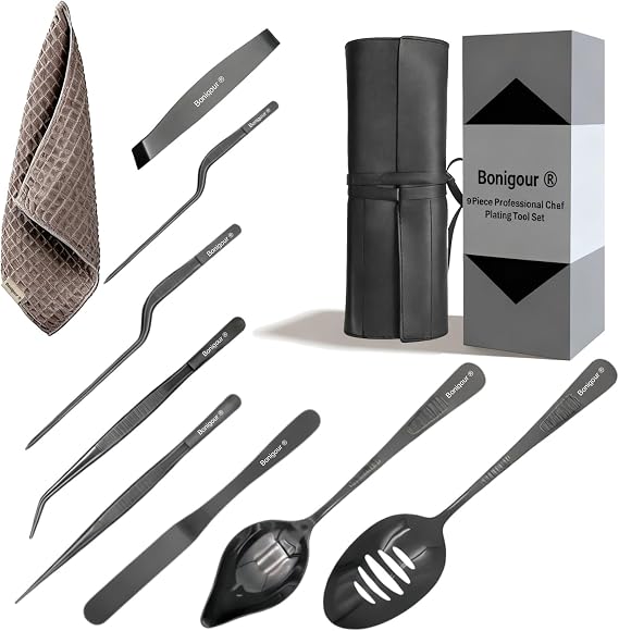 Chef Plating Tools, Professional Culinary Plating Tool Set, Stainless Steel Fish Tweezers, Pastry Spatula, Cake Decorating Tweezers for Molecular Gastronomy (Black)